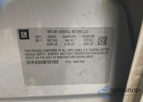 2011 Chevrolet Cruze Eco z USA, uszkodzony, nr VIN 1G1PJ5S99B7301583